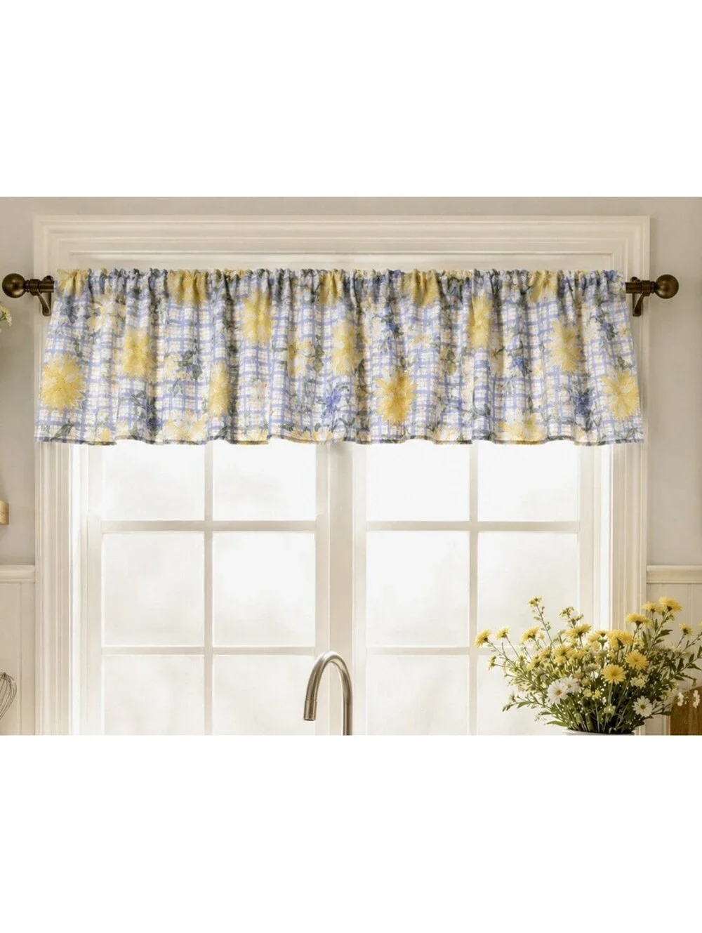 Vintage 1990s Window Valance Country Kitchen Floral Plaid Yellow Gray, 76x16”